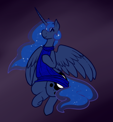 Size: 642x695 | Tagged: safe, artist:dandybound, princess luna, alicorn, pony, backless, clothes, eyes closed, open-back sweater, sleeveless sweater, smiling, solo, sweater, virgin killer sweater