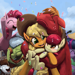 Size: 1216x1219 | Tagged: safe, artist:bakuel, derpibooru import, apple bloom, applejack, big macintosh, granny smith, pinkie pie, pipsqueak, spike, twilight sparkle, twilight sparkle (alicorn), alicorn, dragon, earth pony, pony, crusaders of the lost mark, confetti, cowboy hat, crying, eyes closed, female, filly, freckles, group hug, hat, hug, it happened, liquid pride, mare, one eye closed, open mouth, stetson, tears of joy, the cmc's cutie marks