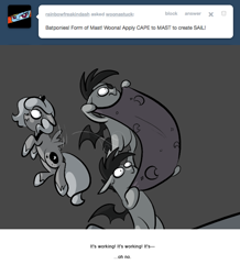 Size: 666x763 | Tagged: safe, artist:egophiliac, princess luna, oc, oc:frolicsome meadowlark, oc:sunshine smiles (egophiliac), bat pony, pony, eyepatch, filly, grayscale, marauder's mantle, monochrome, moonstuck, sail, scrunchy face, tumblr, tumblr comic, woona, woonoggles, younger