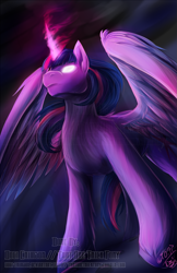 Size: 825x1275 | Tagged: safe, artist:dogi-crimson, artist:sky-railroad, derpibooru import, twilight sparkle, twilight sparkle (alicorn), alicorn, pony, female, glowing eyes, glowing horn, mare, solo, watermark