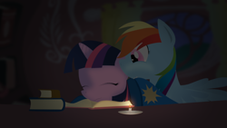 Size: 1600x900 | Tagged: safe, artist:lostzilla, rainbow dash, twilight sparkle, pegasus, pony, book, candle, female, lesbian, shipping, sleeping, twidash