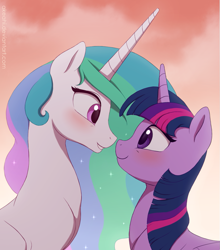 Size: 1115x1268 | Tagged: safe, artist:akeahi, derpibooru import, princess celestia, twilight sparkle, twilight sparkle (alicorn), alicorn, pony, blushing, eye contact, female, imminent boop, lesbian, mare, shipping, twilestia