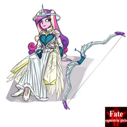 Size: 724x720 | Tagged: safe, artist:kul, dean cadance, princess cadance, equestria girls, archery, bow (weapon), crossover, crown, fate/stay night, feather, halo, jewelry, regalia, sitting, smiling