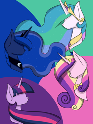 Size: 1500x2000 | Tagged: safe, artist:dashagame666, princess cadance, princess celestia, princess luna, twilight sparkle, twilight sparkle (alicorn), alicorn, pony, alicorn tetrarchy, bust, no eyes, portrait