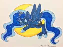 Size: 1442x1081 | Tagged: safe, artist:bumblebun, princess luna, alicorn, pony, crescent moon, cuddling, moon, prone, simple background, sleeping, smiling, snuggling, solo, tangible heavenly object, traditional art