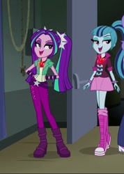 Size: 391x550 | Tagged: safe, screencap, aria blaze, princess luna, sonata dusk, vice principal luna, equestria girls, rainbow rocks, boots, bracelet, high heel boots, jewelry, ponytail, sparkles