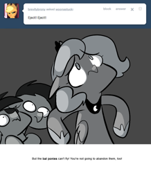 Size: 666x763 | Tagged: safe, artist:egophiliac, princess luna, oc, oc:frolicsome meadowlark, oc:sunshine smiles (egophiliac), bat pony, pony, eyepatch, filly, grayscale, monochrome, moonstuck, scared, tumblr, tumblr comic, woona, woonoggles, younger