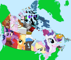 Size: 2000x1697 | Tagged: safe, artist:nudeness, applejack, aria blaze, chief thunderhooves, fluttershy, king sombra, pinkie pie, prince rutherford, princess cadance, princess celestia, rainbow dash, rarity, sheriff silverstar, snails, snips, twilight sparkle, alicorn, earth pony, pegasus, pony, unicorn, yak, alaska, alberta, british columbia, canada, greenland, iceland, improvement, lol, mane six, manitoba, map, new brunswick, newfoundland and labrador, northwest territories, nova scotia, nunavut, ontario, ponies as regions, prince edward island, quebec, redo, saskatchewan, united states, yukon