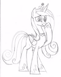 Size: 3003x3773 | Tagged: safe, artist:drawponies, princess cadance, alicorn, pony, monochrome, raised hoof, sketch, smiling, solo, traditional art