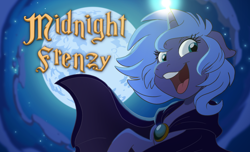 Size: 1280x776 | Tagged: safe, artist:anima-dos, artist:duo cartoonist, artist:lionheartcartoon, princess luna, alicorn, pony, cloak, clothes, cloud, cute, filly, floppy ears, looking at you, lunabetes, moon, night, open mouth, raised hoof, s1 luna, sky, smiling, solo, woona, younger, youtube link