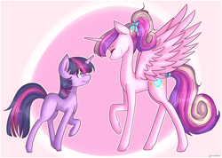 Size: 1774x1265 | Tagged: safe, artist:shiromidorii, princess cadance, twilight sparkle, alicorn, pony, unicorn, bow, eyes closed, female, filly, filly twilight sparkle, hair bow, mare, ponytail, raised hoof, smiling, spread wings, tail bow, teen princess cadance