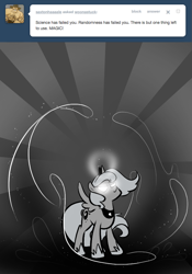 Size: 666x950 | Tagged: safe, artist:egophiliac, princess luna, smooze, alicorn, pony, ask, filly, glowing eyes, goop, magic, majestic, monochrome, moonstuck, neo noir, partial color, solo, tumblr, woona, younger