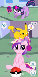 Size: 1280x2591 | Tagged: safe, artist:kuromi, princess cadance, twilight sparkle, unicorn twilight, alicorn, pikachu, pony, unicorn, dialogue, filly, filly twilight sparkle, glowing horn, magic, phone, pokémon, pokémon go, smartphone, teen princess cadance, telekinesis, younger