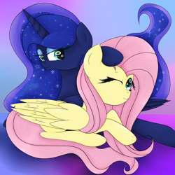 Size: 1024x1024 | Tagged: safe, artist:sadonax, fluttershy, princess luna, alicorn, pegasus, pony, female, hug, lesbian, lunashy, one eye closed, prone, shipping