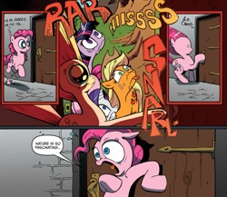 Size: 945x821 | Tagged: safe, derpibooru import, idw, applejack, pinkie pie, rarity, twilight sparkle, earth pony, pony, unicorn, spoiler:comic, crossing the memes, exploitable meme, meme, nature is so fascinating, surprise door