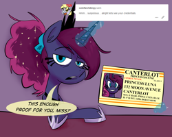 Size: 1000x800 | Tagged: safe, artist:hellhounds04, princess luna, alicorn, pony, ask, driver's license, luna-afterdark, scrunchie, solo, tumblr