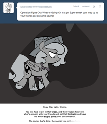 Size: 666x768 | Tagged: safe, artist:egophiliac, princess luna, alicorn, pony, cartographer's cap, filly, grayscale, hat, marauder's mantle, monochrome, moonstuck, solo, tumblr, tumblr comic, woona, younger