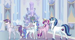 Size: 2000x1090 | Tagged: safe, artist:ganashiashaka, princess cadance, princess flurry heart, shining armor, oc, oc:shining breeze, alicorn, pegasus, pony, unicorn, female, male, offspring, older, parent:princess cadance, parent:shining armor, parents:shiningcadance, shiningcadance, shipping, stallion, straight