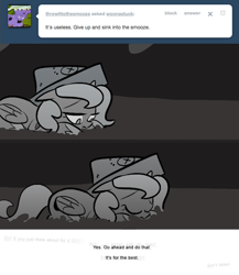 Size: 666x768 | Tagged: safe, artist:egophiliac, princess luna, smooze, alicorn, pony, cartographer's cap, eyes closed, filly, goop, grayscale, hat, monochrome, moonstuck, prone, sad, solo, tumblr, tumblr comic, woona, younger