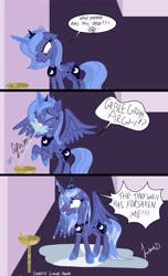 Size: 2931x4823 | Tagged: safe, artist:darkest-lunar-flower, princess luna, alicorn, pony, absurd resolution, crying, dialogue, eyes closed, female, floppy ears, magic, mare, on the moon for too long, open mouth, ribs, s1 luna, solo, spread wings, teary eyes, telekinesis, water, water fountain, wharrgarbl, yelling