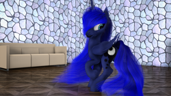 Size: 4000x2250 | Tagged: safe, artist:thelunagames, princess luna, alicorn, pony, 3d, cinema 4d, fluffy, raised hoof, smiling, sofa, solo