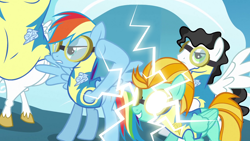 Size: 1280x720 | Tagged: safe, artist:capnpea, edit, edited screencap, screencap, bulk biceps, lightning dust, mercury, milky way, rainbow dash, starry eyes (character), pegasus, pony, wonderbolts academy, fimbriae, glowing eyes, lightning, wat, wonderbolt trainee uniform