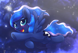 Size: 2025x1380 | Tagged: safe, artist:joakaha, princess luna, alicorn, pony, cute, flying, glowing horn, looking at you, lunabetes, open mouth, smiling, solo