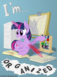 Size: 3000x4000 | Tagged: safe, artist:stinkehund, derpibooru import, part of a set, twilight sparkle, twilight sparkle (alicorn), alicorn, pony, abacus, book, calendar, chart, feather, female, fluffy, magic, paper, solo