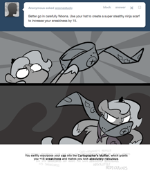 Size: 666x768 | Tagged: safe, artist:egophiliac, princess luna, smooze, alicorn, pony, cartographer's muffler, filly, goop, grayscale, marauder's mantle, monochrome, moonstuck, solo, tumblr, tumblr comic, woona, woonoggles, younger