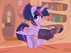 Size: 1122x850 | Tagged: dead source, safe, artist:spaerk, derpibooru import, twilight sparkle, twilight sparkle (alicorn), alicorn, pony, alternate hairstyle, book, cute, female, flying, grin, levitation, looking at you, magic, mare, ponytail, smiling, solo, spread wings, telekinesis, twiabetes