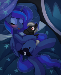 Size: 1318x1618 | Tagged: safe, artist:pearlyiridescence, princess luna, oc, oc:dusky, alicorn, pegasus, pony, bed, bedroom, blushing, canon x oc, cuddling, cute, eyes closed, female, implied canon x oc, implied shipping, lying down, on side, open mouth, plushie, sleeping, snuggling