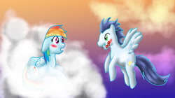 Size: 900x503 | Tagged: safe, artist:commypink, rainbow dash, soarin', pegasus, pony, blushing, cloud, cloudy, female, flower, male, shipping, soarindash, straight