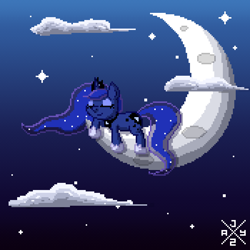 Size: 700x700 | Tagged: safe, artist:auro-ria, princess luna, alicorn, pony, crescent moon, eyes closed, moon, night, pixel art, prone, sleeping, solo, stars, tangible heavenly object
