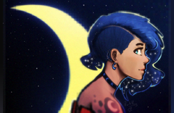 Size: 1400x906 | Tagged: safe, artist:darkflame75, princess luna, human, alternate hairstyle, choker, crescent moon, cutie mark, ear piercing, humanized, looking back, lunadoodle, moon, night, piercing, profile, smiling, solo, undercut