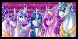 Size: 1548x768 | Tagged: safe, artist:bijutsuyoukai, princess cadance, princess flurry heart, shining armor, oc, oc:pupa, oc:shimmering aegis, alicorn, changepony, hybrid, pony, unicorn, female, interspecies offspring, jewelry, male, necklace, offspring, older, parent:princess cadance, parent:queen chrysalis, parent:shining armor, parents:shining chrysalis, parents:shiningcadance, shiningcadance, shipping, stallion, straight