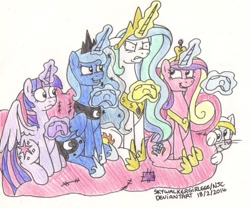 Size: 961x801 | Tagged: safe, artist:skywalkergirl666, derpy hooves, princess cadance, princess celestia, princess luna, twilight sparkle, twilight sparkle (alicorn), alicorn, pony, alicorn tetrarchy, levitation, magic, sofa, telekinesis, two best friends play, two best sisters play, video game