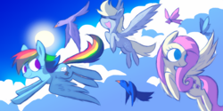 Size: 1000x500 | Tagged: safe, artist:missbutlerart, derpy hooves, fluttershy, rainbow dash, bird, butterfly, pegasus, pony, animal, female, flying, mare