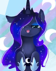 Size: 1188x1518 | Tagged: safe, artist:nutty-stardragon, princess luna, alicorn, pony, cheek fluff, chest fluff, cute, lunabetes, solo, tongue out