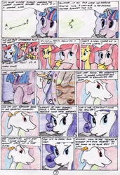 Size: 2316x3395 | Tagged: safe, artist:40kponyguy, derpibooru exclusive, derpibooru import, fluttershy, princess celestia, rainbow dash, rarity, twilight sparkle, twilight sparkle (alicorn), alicorn, pegasus, pony, unicorn, 40kponyguy's the staff of aurelian, comic, crossover, female, mare, traditional art, warhammer (game), warhammer 40k