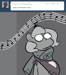 Size: 666x761 | Tagged: safe, artist:egophiliac, princess luna, alicorn, pony, animated, blinking, cartographer's muffler, elevator, filly, gif, grayscale, lunar stone, marauder's mantle, monochrome, moonstuck, music notes, muzak, solo, tumblr, tumblr comic, woona, woonoggles, younger