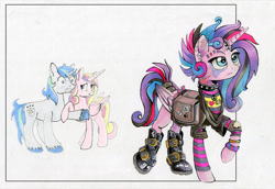 Size: 999x686 | Tagged: safe, alternate version, artist:maytee, princess cadance, princess flurry heart, shining armor, alicorn, pony, unicorn, boots, bracelet, censored vulgarity, choker, clothes, dyed mane, ear piercing, earring, female, horn ring, it's a phase, it's not a phase, jewelry, male, mare, older, piercing, princess emo heart, saddle bag, shoes, stallion, tattoo, teenager