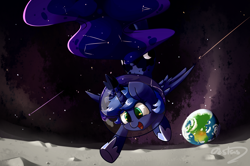 Size: 5547x3682 | Tagged: safe, artist:bloodatius, princess luna, alicorn, pony, absurd resolution, astronaut, earth, filly, galaxy mane, moon, shooting star, smiling, solo, space, stars, woona, younger