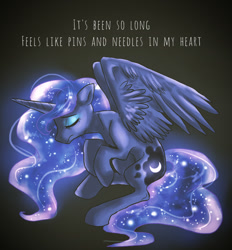 Size: 1004x1080 | Tagged: safe, artist:not-ordinary-pony, princess luna, alicorn, pony, eyes closed, gradient background, pins and needles, sad, sitting, solo, song reference, spread wings, the birthday massacre