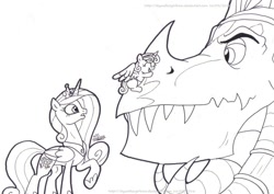 Size: 1024x727 | Tagged: safe, artist:artistnjc, dragon lord torch, princess cadance, princess flurry heart, alicorn, dragon, pony, eyes closed, foal, hug, monochrome, raised hoof, simple background, size difference, surprised, traditional art