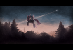 Size: 2550x1750 | Tagged: safe, artist:ventious, derpibooru import, twilight sparkle, twilight sparkle (alicorn), alicorn, pony, flying, forest, night, scenery, solo, stars, twilight (astronomy)