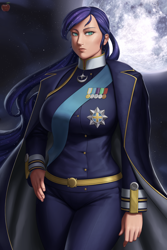 Size: 1280x1920 | Tagged: safe, artist:lvl, princess luna, human, blue hair, breasts, bust, cape, clothes, commission, female, full moon, humanized, long hair, looking at you, medal, military uniform, moon, night, outdoors, portrait, princess balloona, sash, solo, stars, uniform