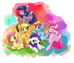 Size: 1282x1100 | Tagged: safe, artist:phyllismi, derpibooru import, applejack, fluttershy, pinkie pie, rainbow dash, rarity, twilight sparkle, twilight sparkle (alicorn), alicorn, earth pony, pegasus, pony, unicorn, bipedal, blushing, female, glasses, grin, mane six, mare, prone, smiling