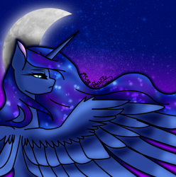 Size: 979x985 | Tagged: safe, artist:australiscat-58, artist:minelvi, princess luna, alicorn, pony, collaboration, crescent moon, moon, night, solo, spread wings, transparent moon