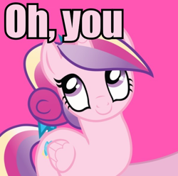 Size: 594x590 | Tagged: safe, artist:vanetoxicxx, princess cadance, alicorn, pony, image macro, meme, oh you, pink text, solo, teen princess cadance