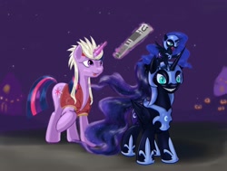 Size: 3392x2560 | Tagged: safe, artist:kwendynew, derpibooru import, nightmare moon, twilight sparkle, clothes, costume, grin, jack rakan, magic, negima, newspaper, nightmare night, self ponidox, telekinesis, tongue out